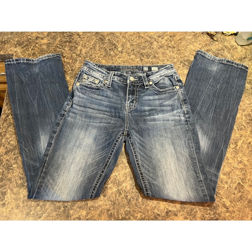 Miss Me Mid Rise Curvy Bootcut Jeans Blue Medium Embroidered Size 27 Y2K Western - Picture 5 of 10